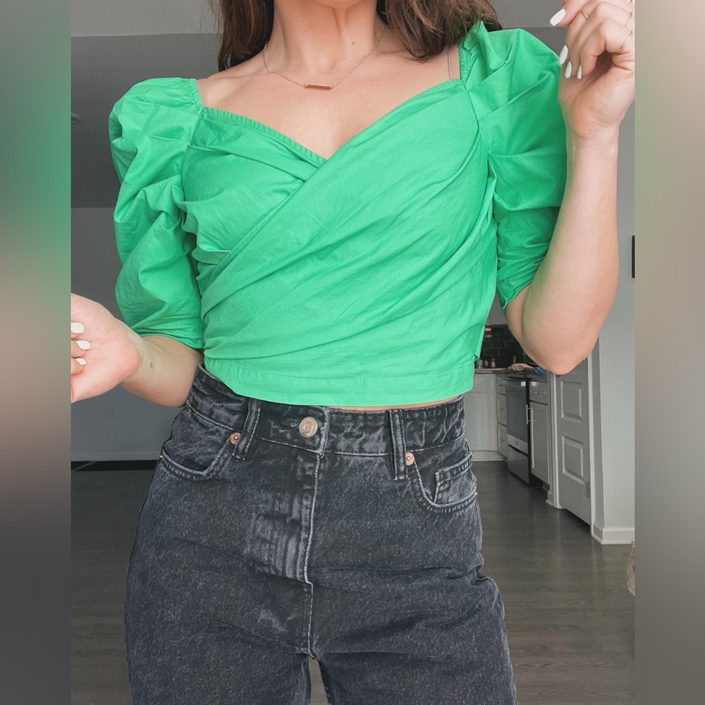 Green Puff Sleeve Wrap Blouse